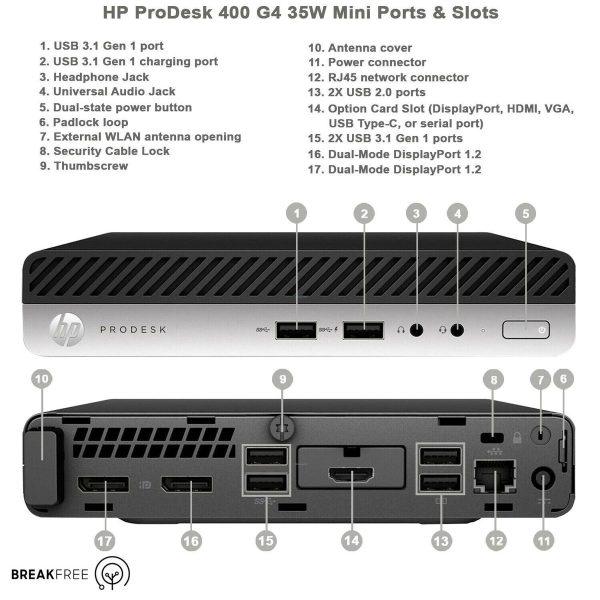 HP 400 G4 Mini, Intel Core i3-8100t 3.10 GHz, 8 GB RAM, 128GB SSD